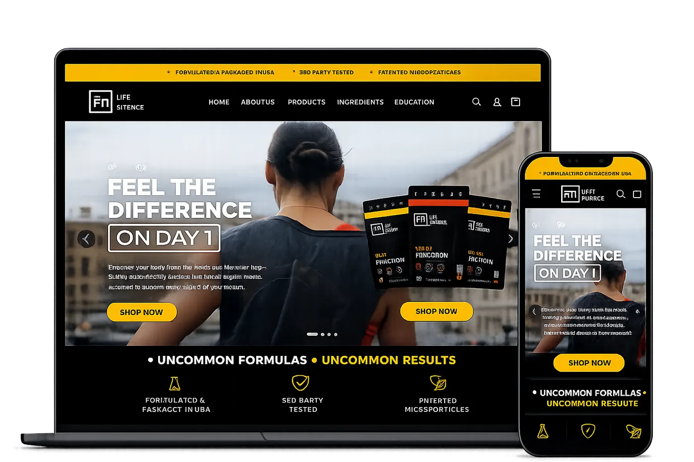 Fn Life Science store shown on laptop and phone mockup