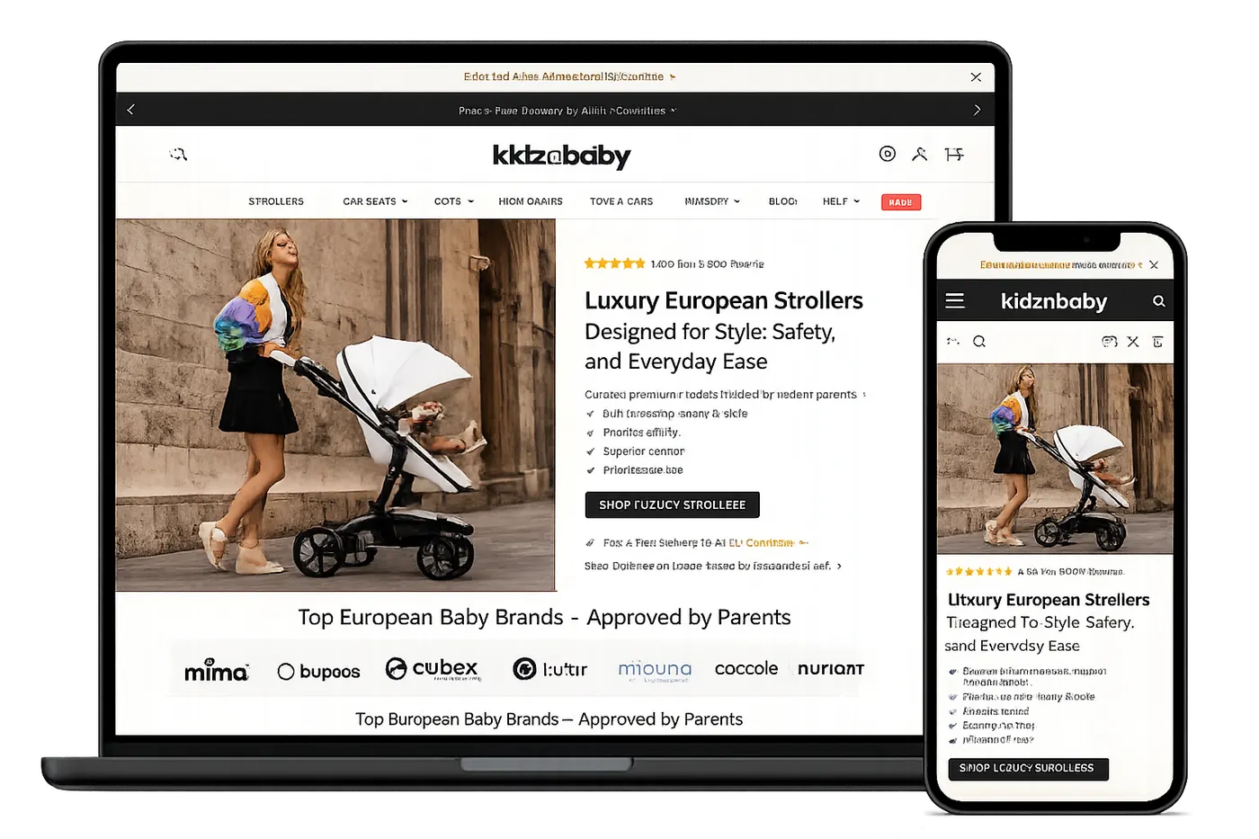 Kidz N Baby store shown on laptop and phone mockup