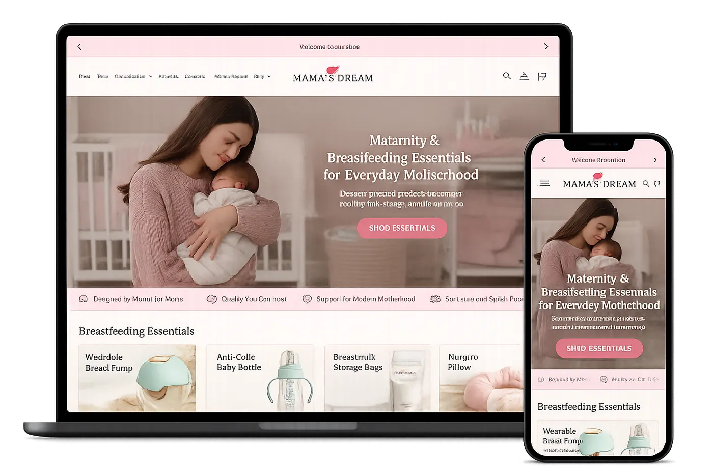 Mama's Dream store shown on laptop and phone mockup